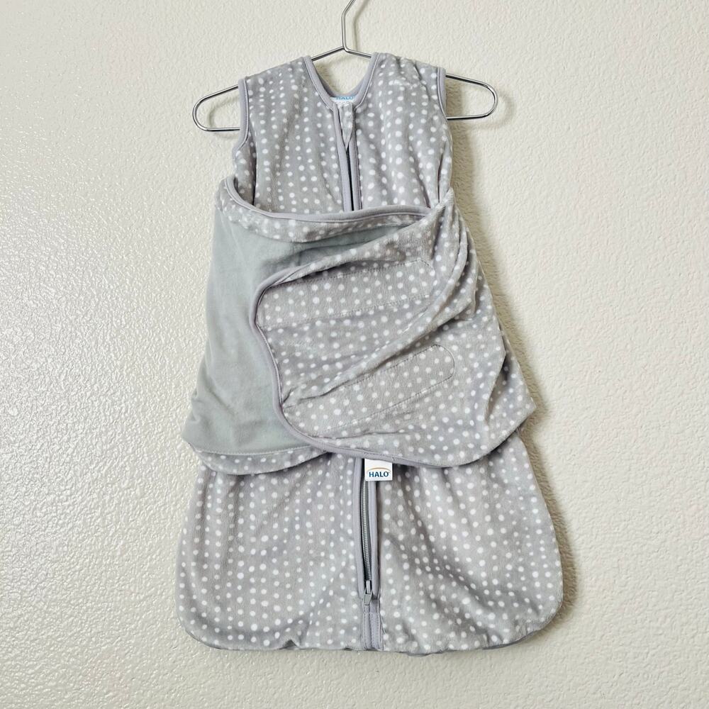 Halo x Pottery Barn plush velour swaddle gray white polka dot